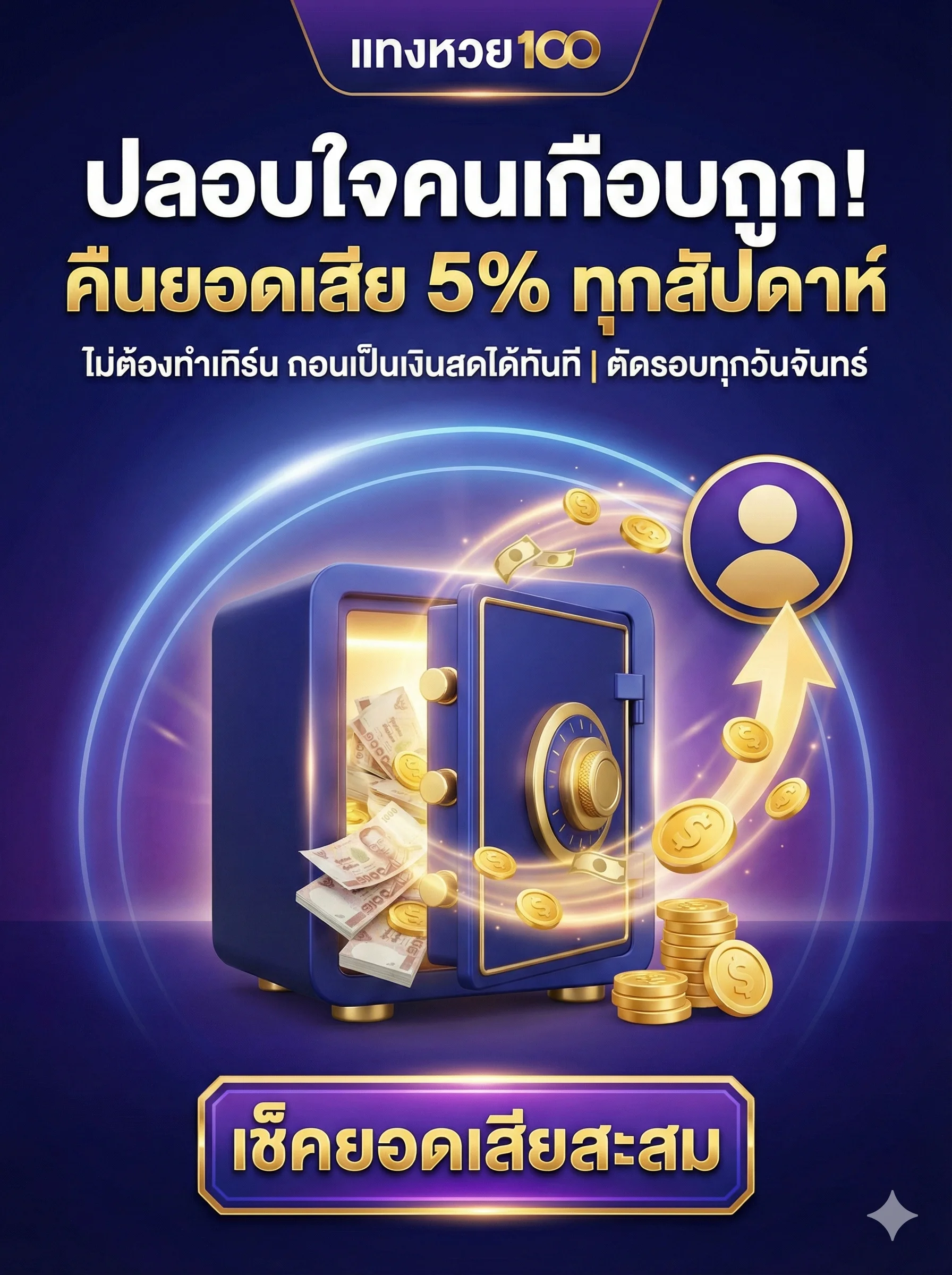 ปลอบใจคนเกือบถูก! คืนยอดเสีย 5% ทุกสัปดาห์ ไม่ต้องทำเทิร์น ถอนเป็นเงินสดได้ทันที | ตัดรอบทุกวันจันทร์